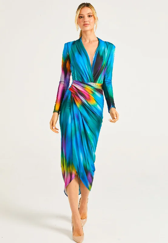 Plunge Neck Faux Wrap Print Midi Dress in Tie Dye