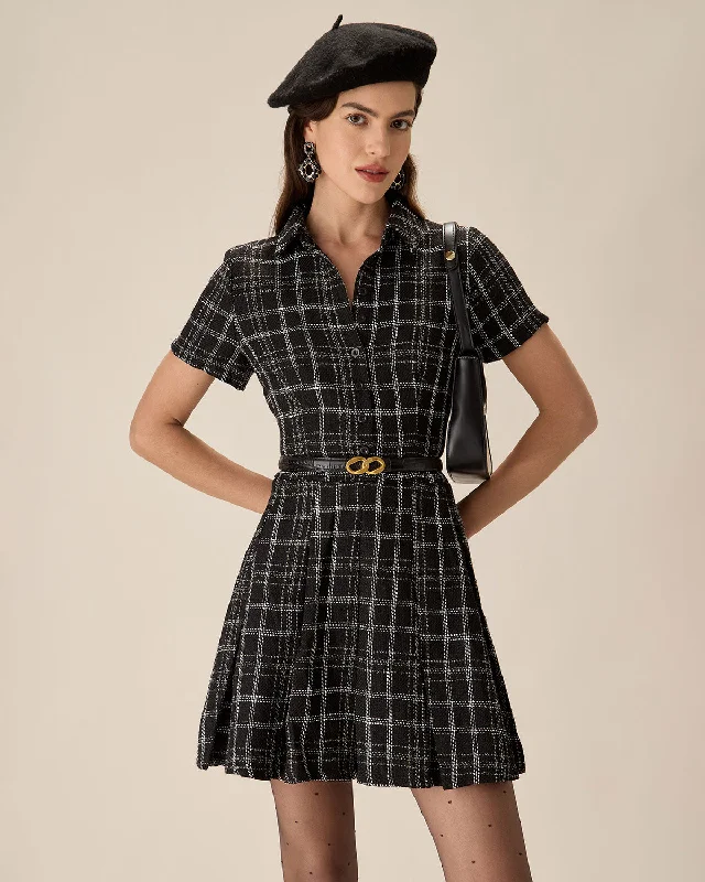 Black Plaid Tweed Mini Dress