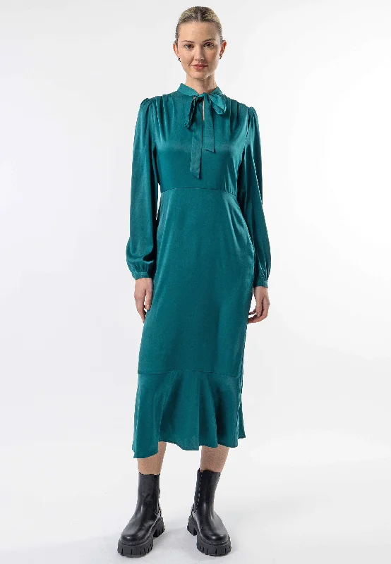 Tie Neck Satin Midi Dress in Green