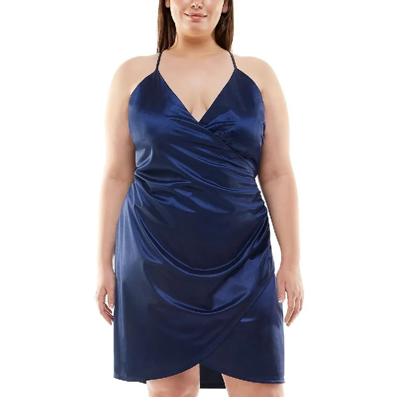 Speechless Women's Satin Mini Wrap Dress Blue Size 24W