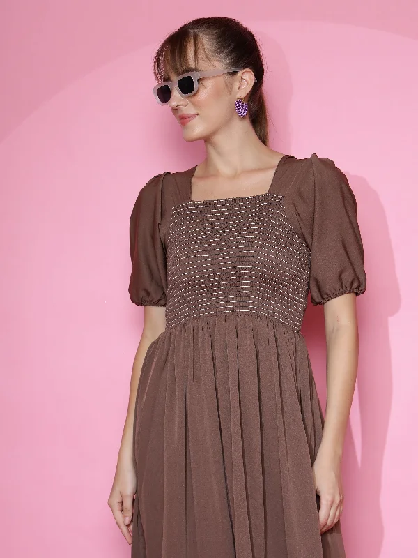 Women Solid Square Neck Fit and Flare Brown Dress