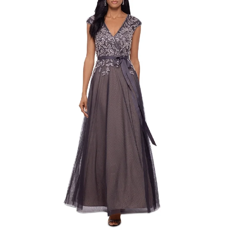 XSCAPE Women's Beaded Fit & Flare Tulle Ballgown Gray Size 10