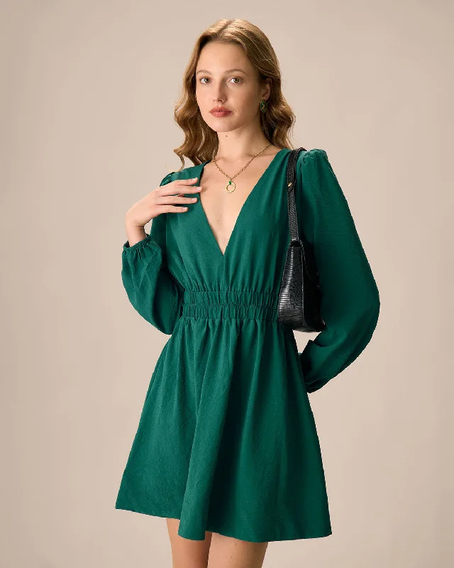 Women's Green Ruched Long Sleeve Mini Dress