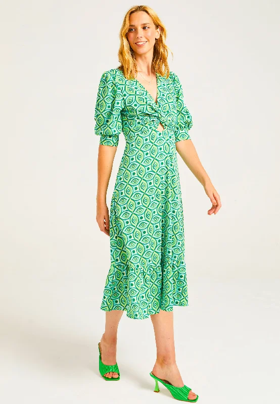 Puff Sleeve Front Knot Midi Tea Dress in Green Geometric Print