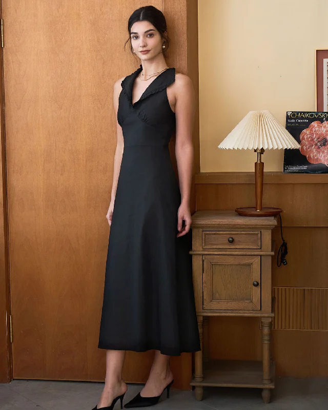 The Black Collared Frill Trim Linen Maxi Dress