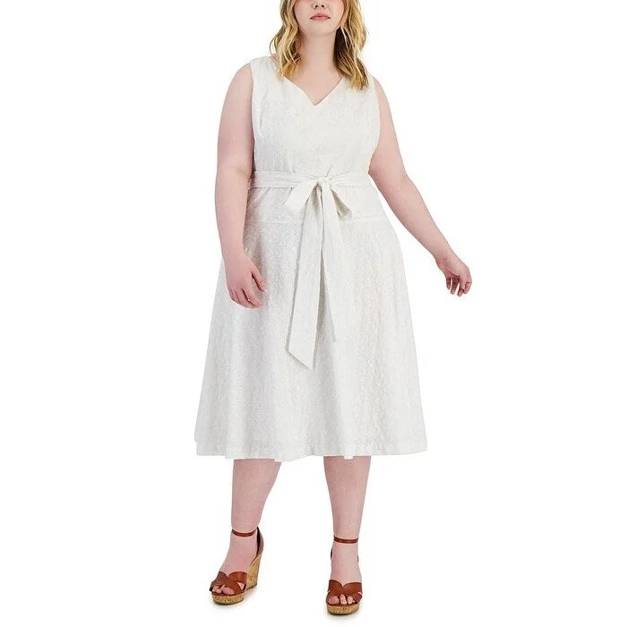 Taylor Women's Zippered Belted Lined Sleeveless V Neck Midi Wear To Work Fit Flare Dress White Size 20W