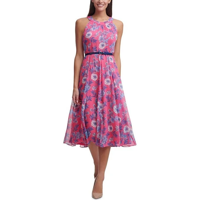 Tommy Hilfiger Women's Floral Chiffon Belted Midi Dress Pink Size 14