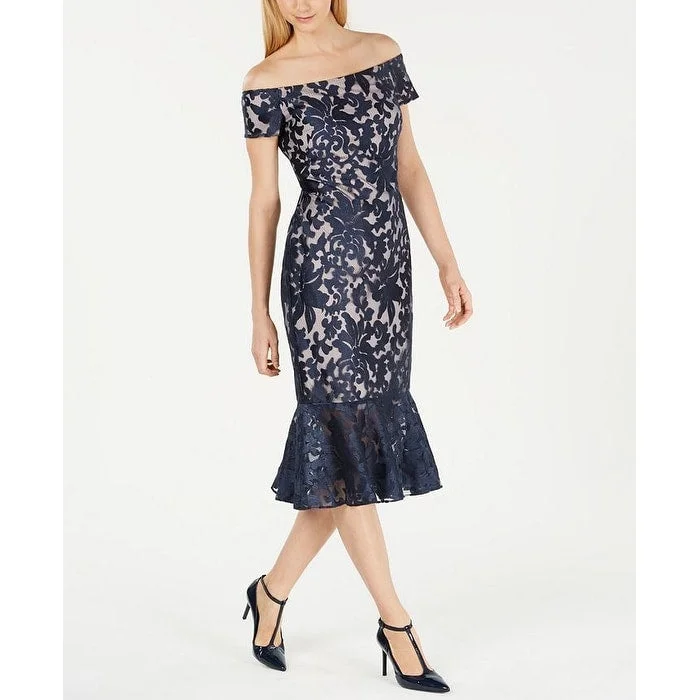 Calvin Klein Women's Lace MIDI Off Shoulder Dress Blue Size 2