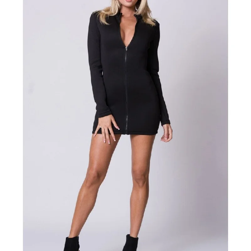 Lux La Women's Long Sleeve Front Zipper Scuba Mini Dress Black Size L