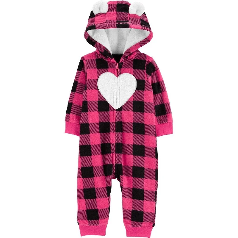 Carter's Girl's Jumpsuits Plaid Buffalo Check Heart Hooded Fleece Playsuit Pink Size 3MOS - 3 Months