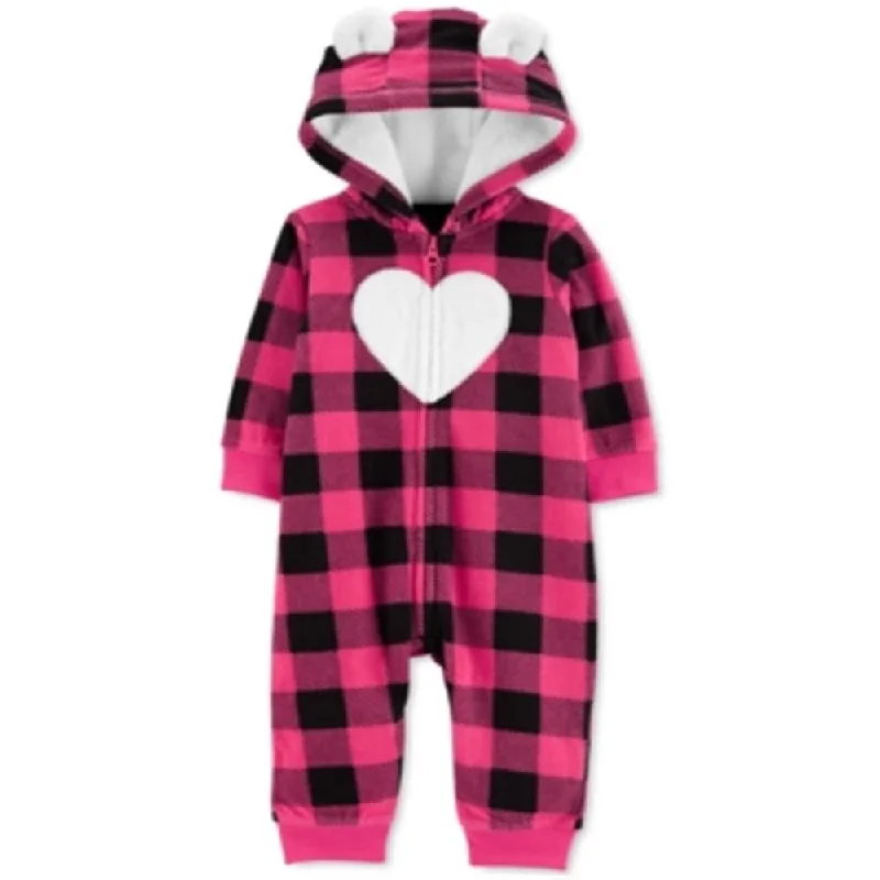 Carter's Girls' Jumpsuits Plaid Buffalo Check Heart Hooded Fleece Playsuit Pink Size 6 Months - 6 Months