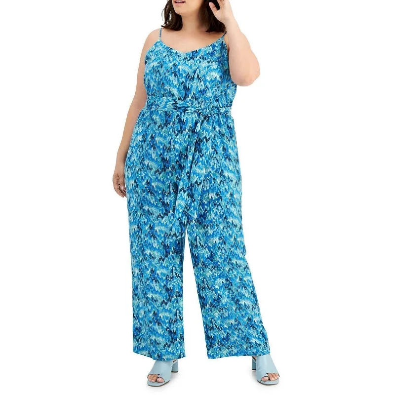 Bar Iii Women's Plus V Neck Printed Jumpsuit Blue Size 1X