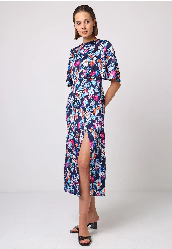 Angel Sleeves Midi Dress With Side Slit In Navy Print