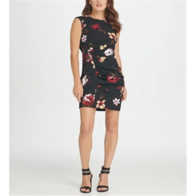 DKNY Women's Ruched Floral Print Sheath Dress Black Size 6