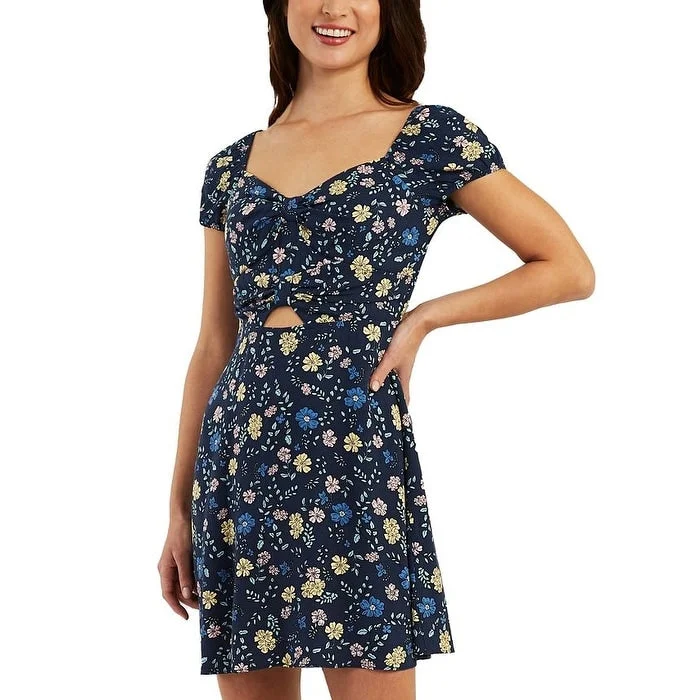 BCX Junior's Cutout Floral Fit & Flare Dress Blue Size Large