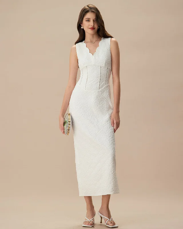 Women's White V-Neck Jacquard Maxi Dress