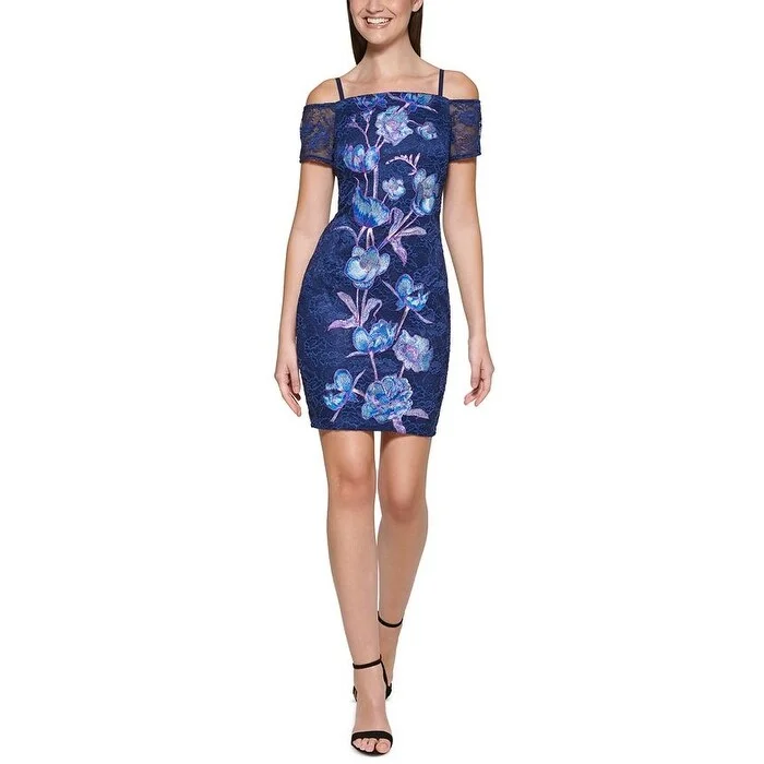 Guess Women's Embroidered Floral Bodycon Dress Blue Size 2