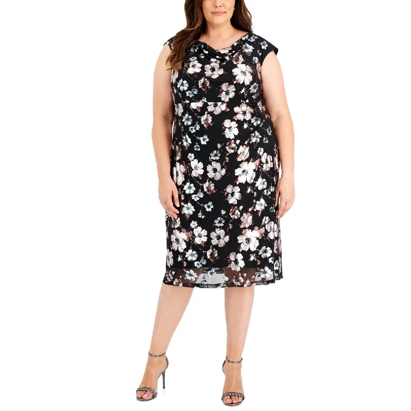 Connected Apparel Women's Printed Cowlneck Midi Dress Black Size 22W