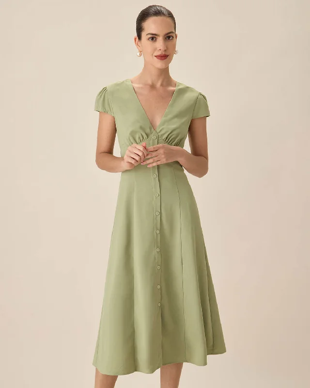 Green V-Neck Button Midi Dress