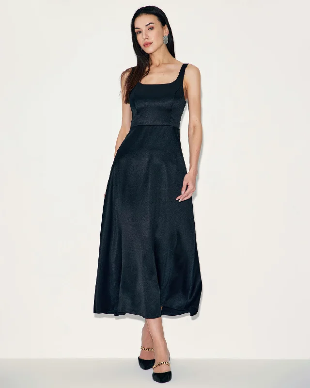 Black Satin A-Line Slip Maxi Dress