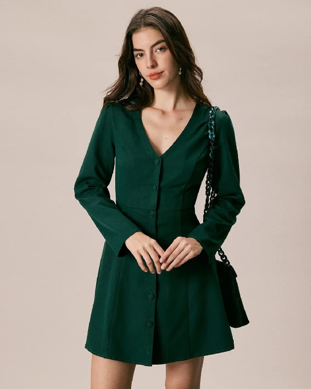 The Green V Neck Button Shirt Mini Dress