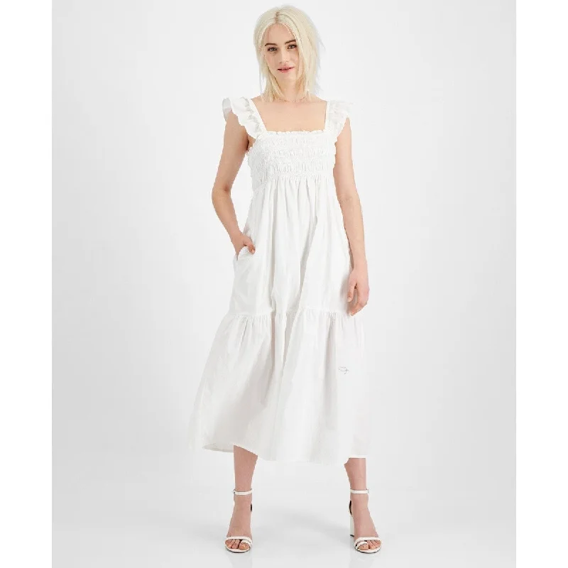 French Connection Women's Smocked Organic Cotton Midi Dress White Size 0