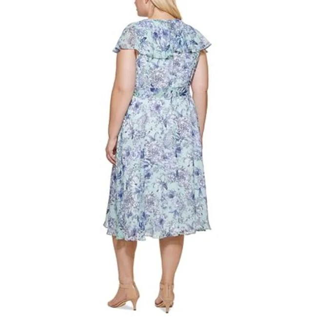 Tommy Hilfiger Women's Floral Chiffon Fit & Flare Dress Blue Size 14W