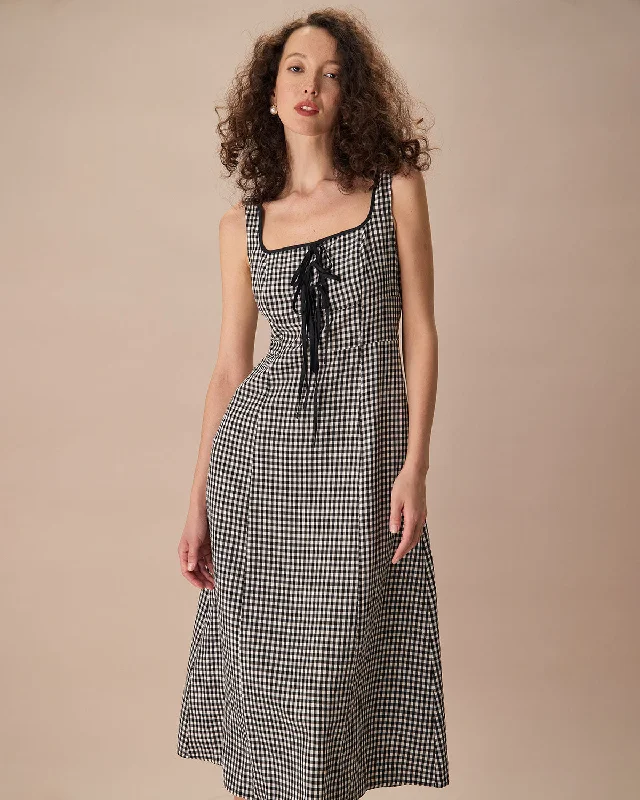 The Black Square Neck Tie Plaid Midi Dress