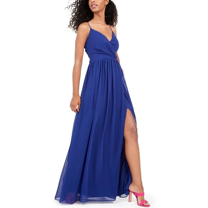 City Studios Women's Slitted Spaghetti Strap Sweetheart Neckline Full Length Fit Flare Evening Dress Blue Size 9