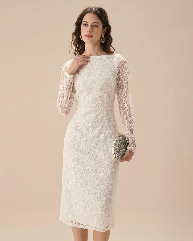 White Lace Boat Neck Slit Midi Dress