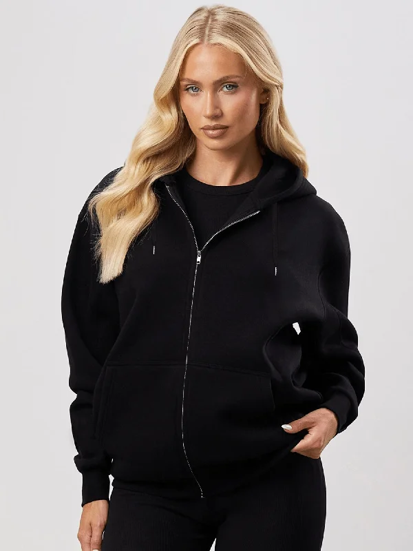 WOMEN'S JET BLACK FLEECE ZIPPER HOODIE