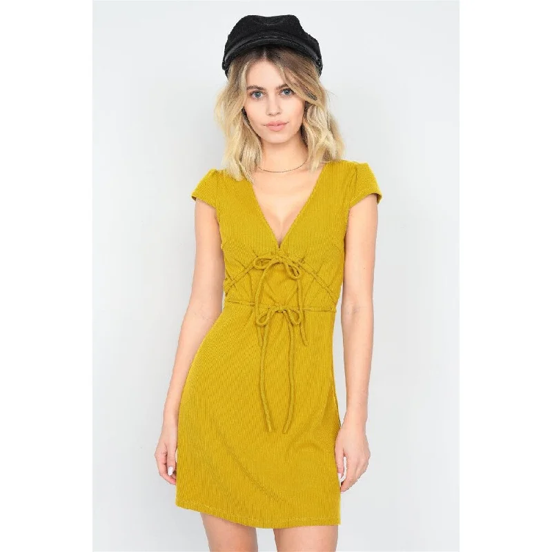 Mustard Ribbed V-neck Cap Sleeve Mini Solid Casual Dress