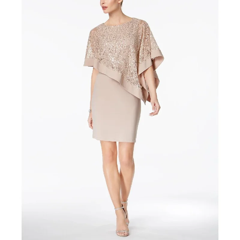 R & M Richards Women's Petite Sequined Cape Sheath Dress Taupe Size 6 P