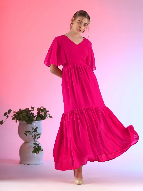 Glamour Solid Butterfly Sleeve Fit and Flare Maxi Dress